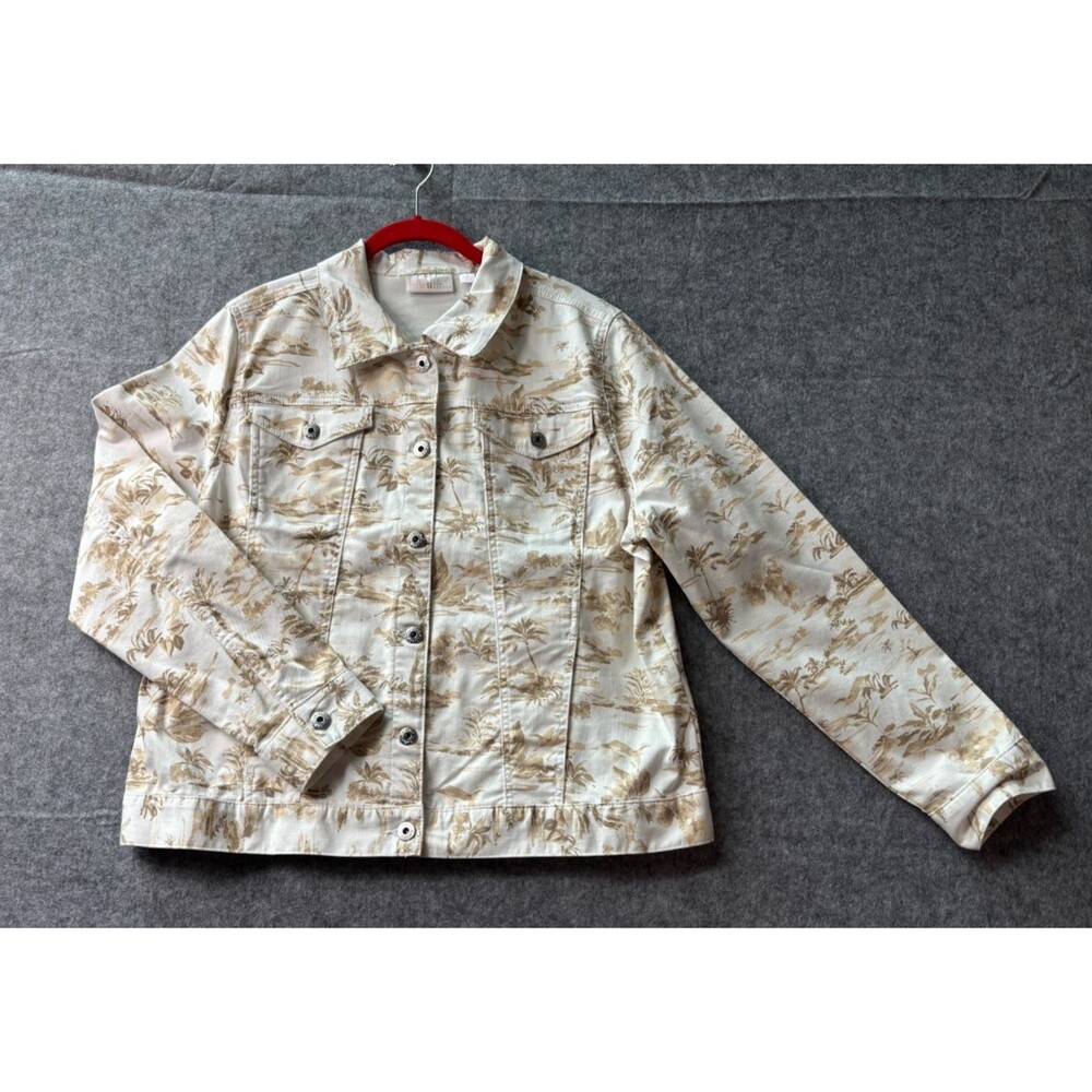 Belle by Kim Gravel Womens L Ivory Beige Floral Denim Trucker Jacket Stretch